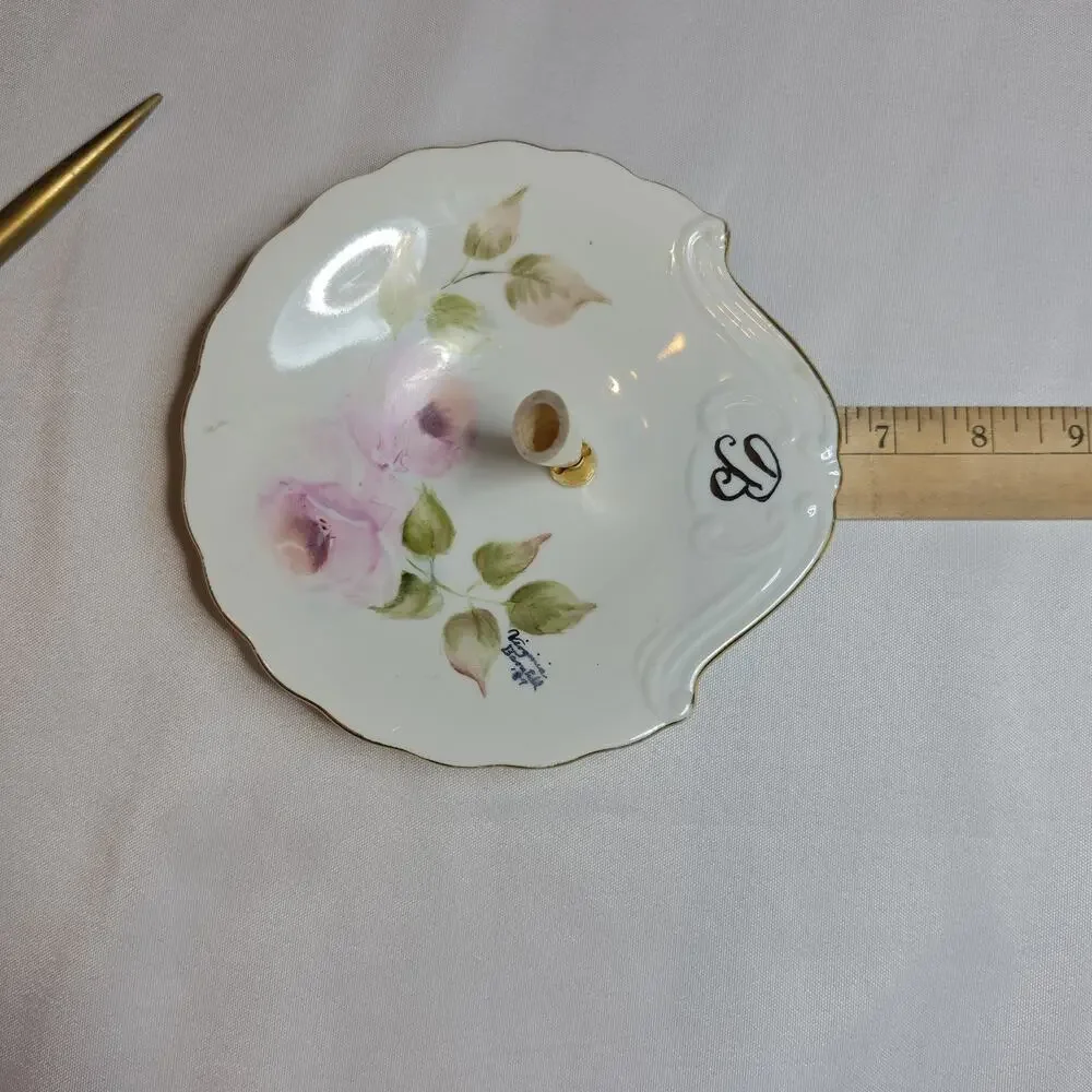Vintage Pen Holder Desk Handpainted Porcelain Artist Signed Virginia B 1987 Gold